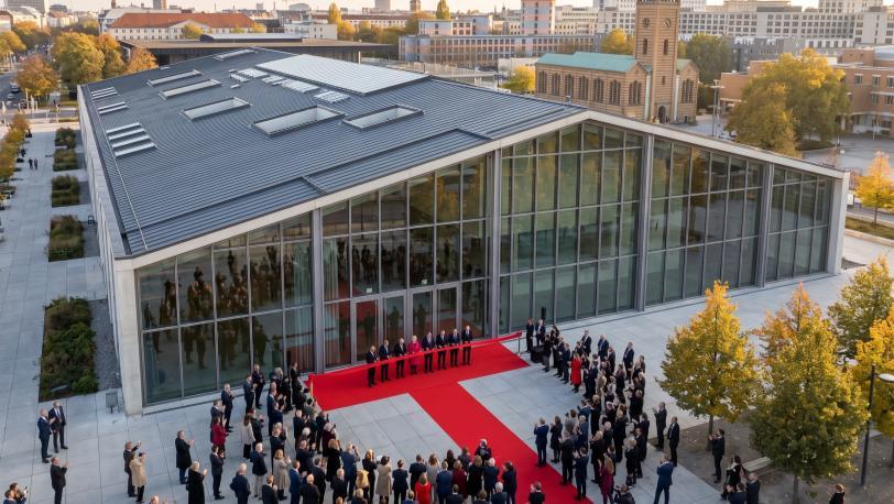 An apparent museum opening ceremony in front of a completed modern building